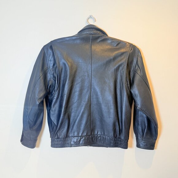 Men’s Black Genuine Leather Bomber Jacket | Size Large | Classic Zip Front Coat - Picture 4 of 5